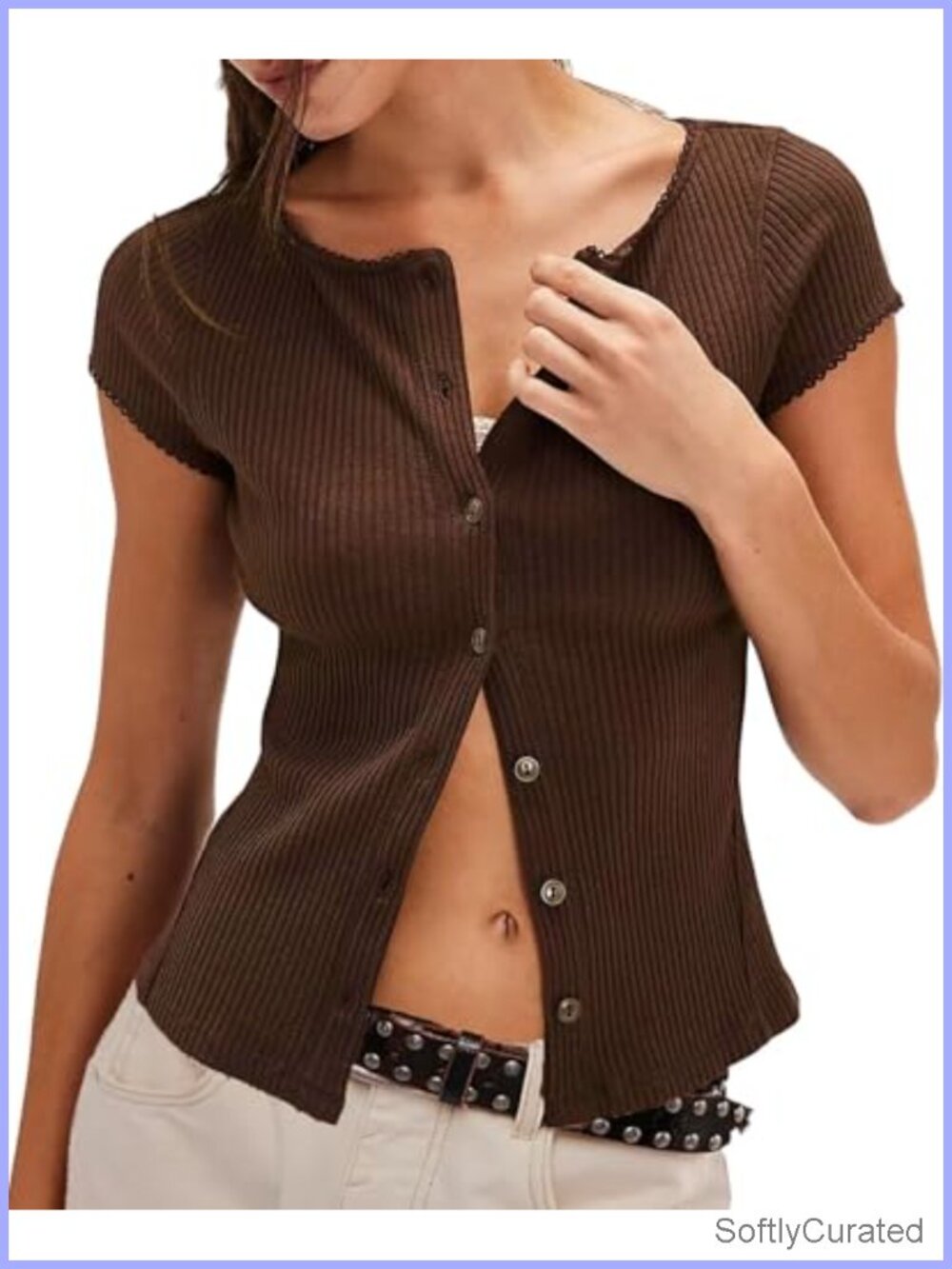 Womens Short Sleeve Ribbed Cardigan Button Down Fitted Y2K Top